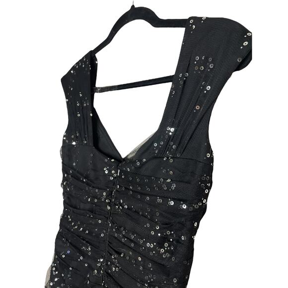 Y2K Modern Alex Evenings Black Tulle Silver Sequin Ruched Party Dress Glam - Picture 4 of 7